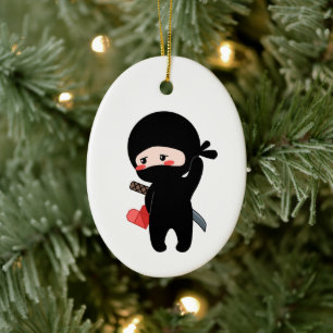 Shy Blushing Ninja Holding Origami Paper Heart Keramisch Ornament