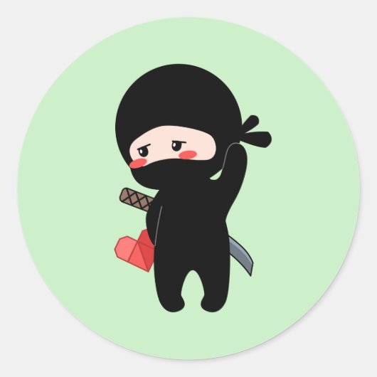 Shy Blushing Ninja Holding Origami Paper Heart Ronde Sticker (Voorkant)
