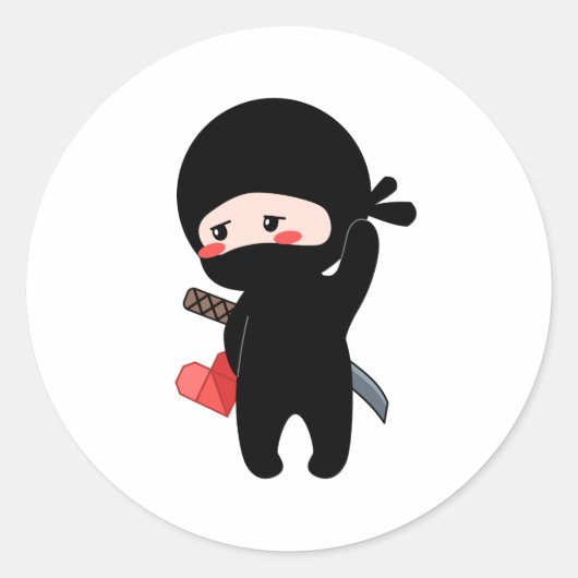 Shy Blushing Ninja Holding Origami Paper Heart Ronde Sticker (Voorkant)