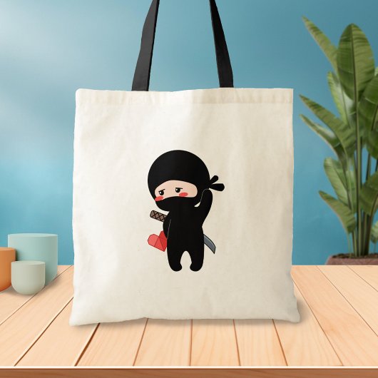 Shy Blushing Ninja Holding Origami Paper Heart Tote Bag