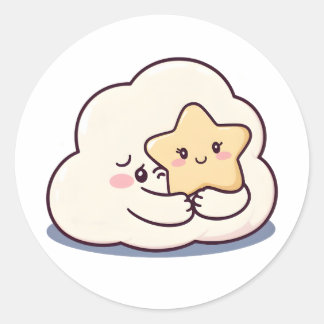 Shy Cloud Knuffelen Een Ster - Dromerige Schattige Ronde Sticker