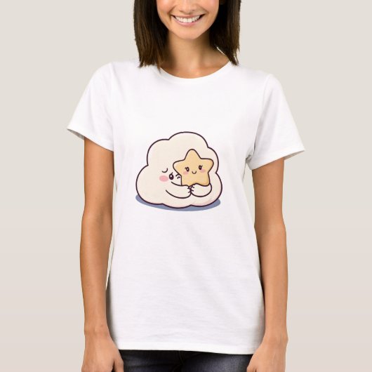 Shy Cloud Knuffelen Een Ster - Dromerige Schattige T-shirt (Voorkant)