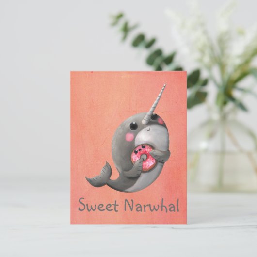 Shy Narwhal met Donut Briefkaart (Staand voorkant)