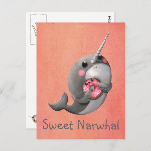 Shy Narwhal met Donut Briefkaart (Voorkant / Achterkant)