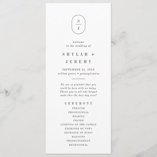 SHYLAH Eenvoudige Boho Moderne Unieke Monogram Huw Programmakaart (Voorkant)