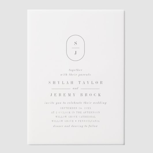 SHYLAH Monogram Eenvoudig Boho Modern Uniek Huweli Vellum Uitnodigingen (Voorkant)