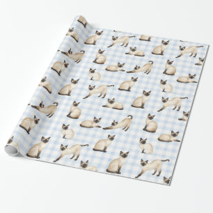 Siamees Kat Blauw Gingham Aquarel Cadeaupapier