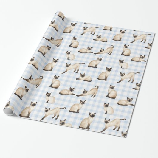 Siamees Kat Blauw Gingham Aquarel Cadeaupapier (Uitgerold)