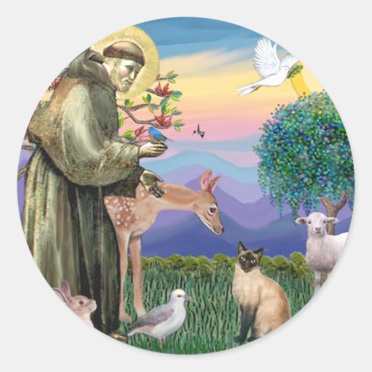 Siamees Kat en St Franciscus Ronde Sticker (Voorkant)