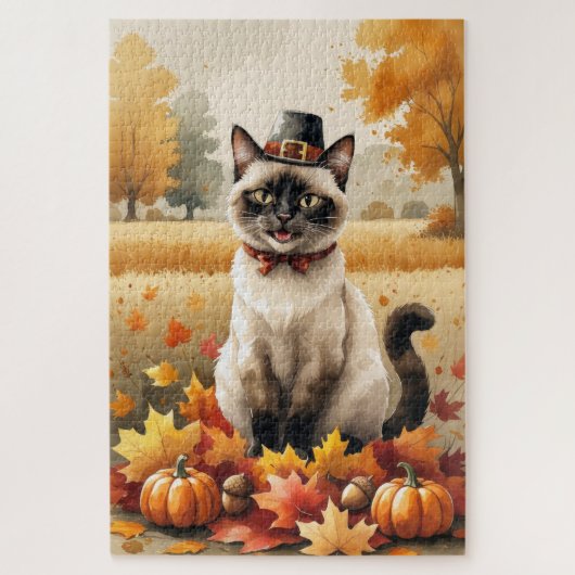 Siamees Kat In Herfstbladeren Thanksgiving Kunst Legpuzzel (Verticaal)