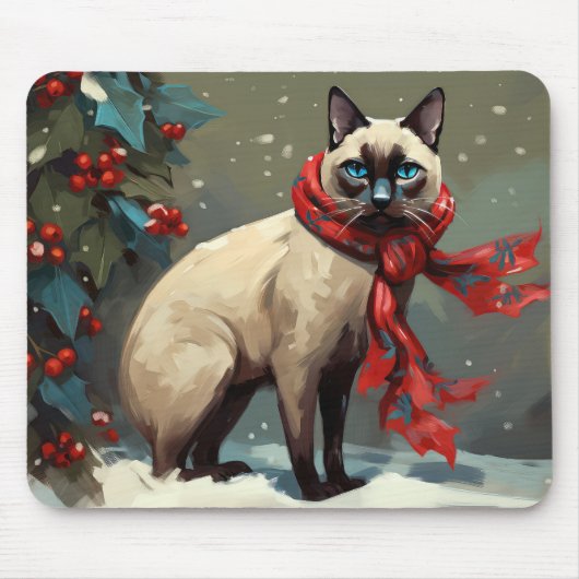 Siamees kat in sneeuw Kerstmis Muismat (Voorkant)