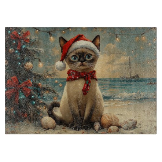 Siamees Kat Kerstmis Vintage Strand Snijplank (Voorkant)