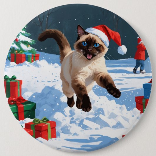 Siamees Kat Lopt in Sneeuw met Kerstmuts Ronde Button 6,0 Cm (Voorkant)
