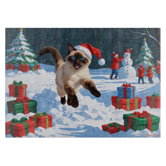 Siamees Kat Lopt in Sneeuw met Kerstmuts Snijplank (Voorkant)