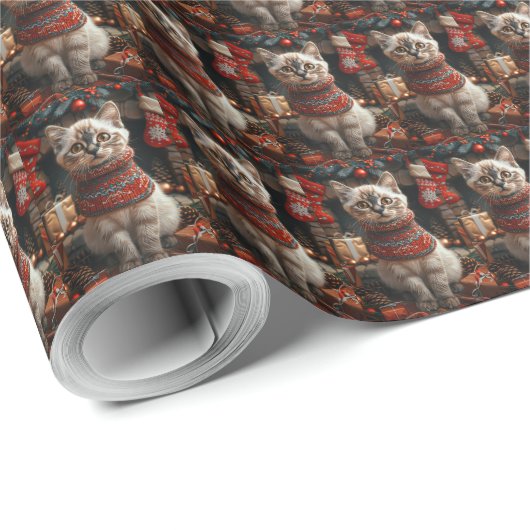 Siamees Kat Met Kerstcadeaus Open Haard Cadeaupapier (Rol Hoek)