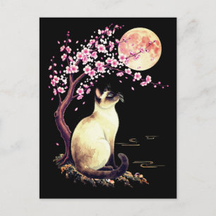 Siamees Kat Onder een Roze Maan Feestdagenkaart
