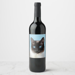 Siamees Kat Schilderij - Mooie Originele Kat Kunst Wijn Etiket