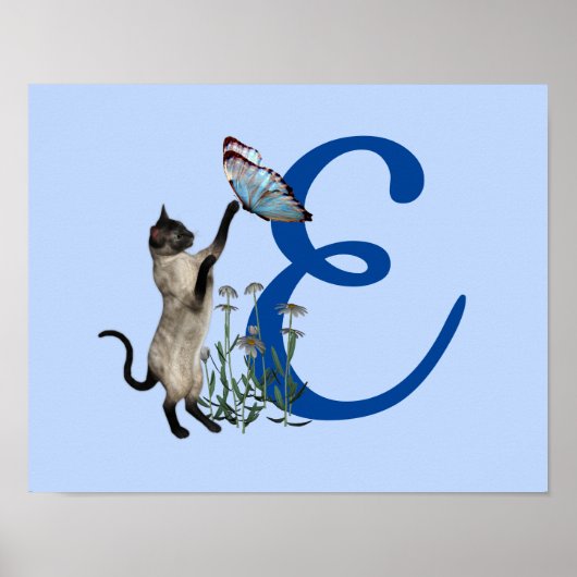 Siamees Kat Vlinder Schattig Monogram Initiaal E Poster (Voorkant)