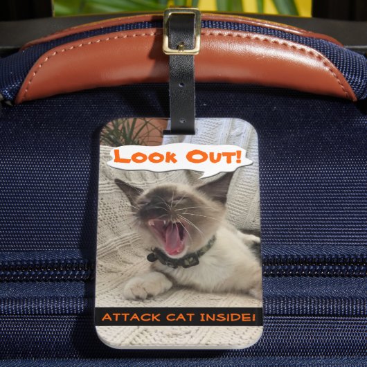 Siamese Attack Cat Warning Close-up foto Bagagelabel (Voorkant Insitu 2)