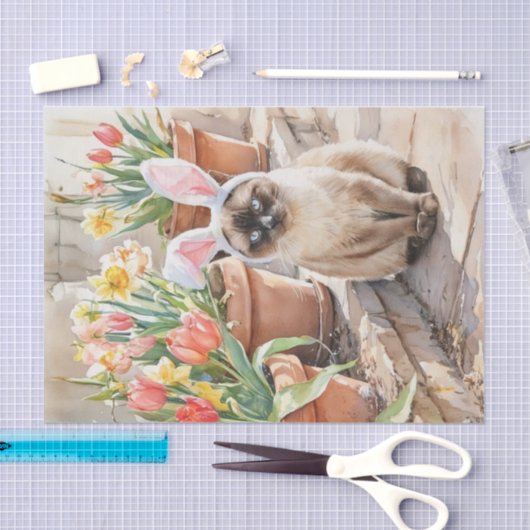 Siamese Bunny Cute Easter Cat with Tulips  Tissuepapier (Craft)