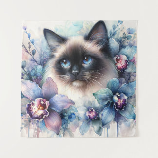 Siamese Cat Among Orchid Flowers Watercolor Wandkleed