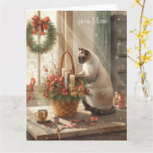 Siamese Cat arranging Flowers for WinterChristmas Kaart (Gele Bloem)