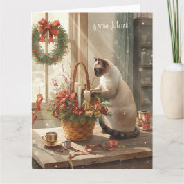 Siamese Cat arranging Flowers for WinterChristmas  Kaart