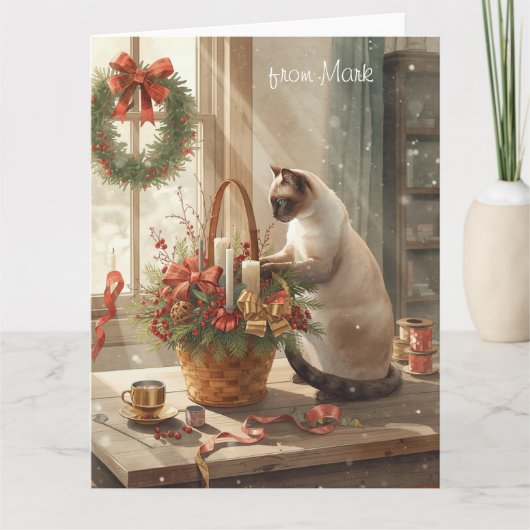 Siamese Cat arranging Flowers for WinterChristmas Kaart (Voorkant)