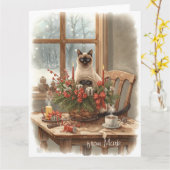 Siamese Cat arranging Flowers Winter Christmas Kaart (Gele Bloem)