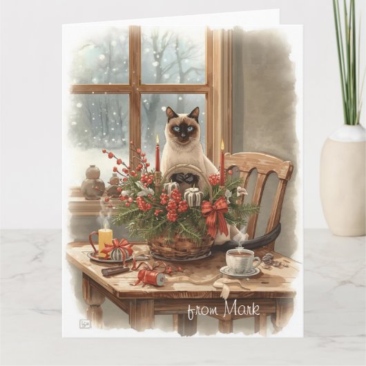 Siamese Cat arranging Flowers Winter Christmas Kaart (Voorkant)