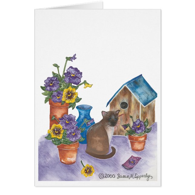 Siamese Cat Birdhouse Pansies Waterverf "Anthony" (Voorkant)
