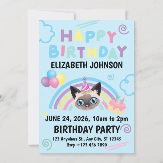 Siamese Cat Birthday Invitation in Blue Kaart (Voorkant)
