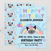 Siamese Cat Birthday Invitation in Blue Kaart (Voorkant / Achterkant)
