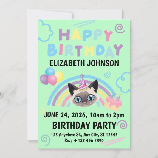 Siamese Cat Birthday Invitation in Green Kaart (Voorkant)
