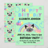 Siamese Cat Birthday Invitation in Green Kaart (Voorkant / Achterkant)