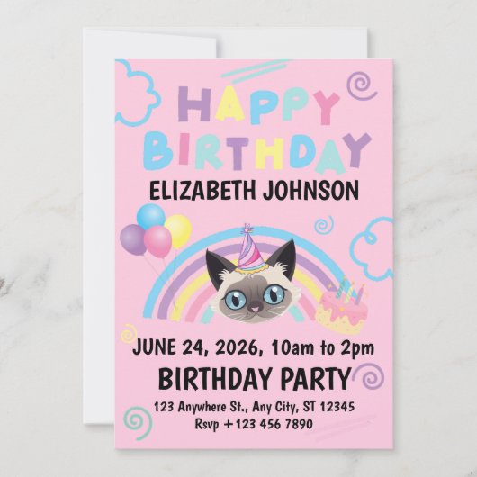 Siamese Cat Birthday Invitation in Pink Kaart (Voorkant)