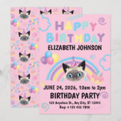 Siamese Cat Birthday Invitation in Pink Kaart (Voorkant / Achterkant)