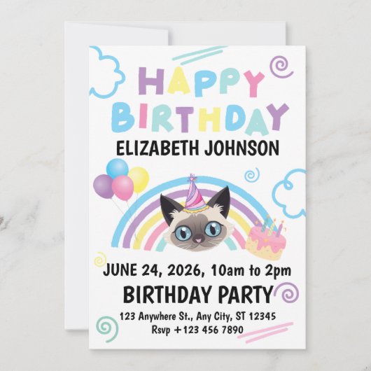 Siamese Cat Birthday Invitation in White Kaart (Voorkant)
