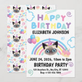 Siamese Cat Birthday Invitation in White Kaart (Voorkant / Achterkant)