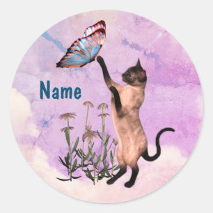 Siamese Cat Blue Butterfly Cute Personated Ronde Sticker