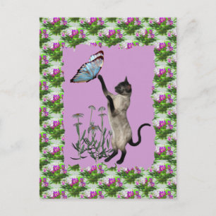 Siamese Cat Blue Butterfly Daisies Briefkaart