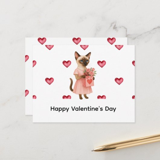 Siamese Cat brings roses for Valentines' day Briefkaart (Voorkant / Achterkant in situ)