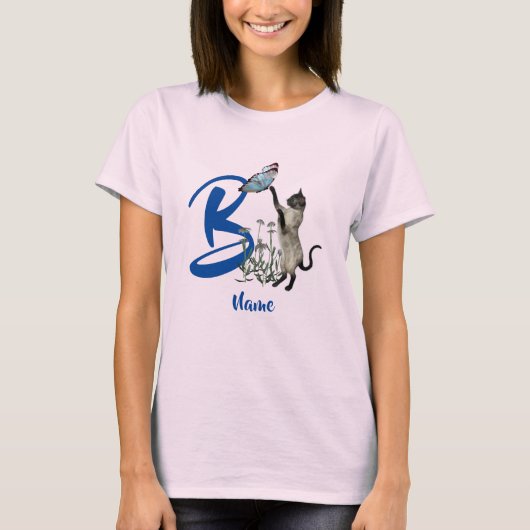 Siamese Cat Butterfly Monogram Initiaal B Naam T-shirt (Voorkant)
