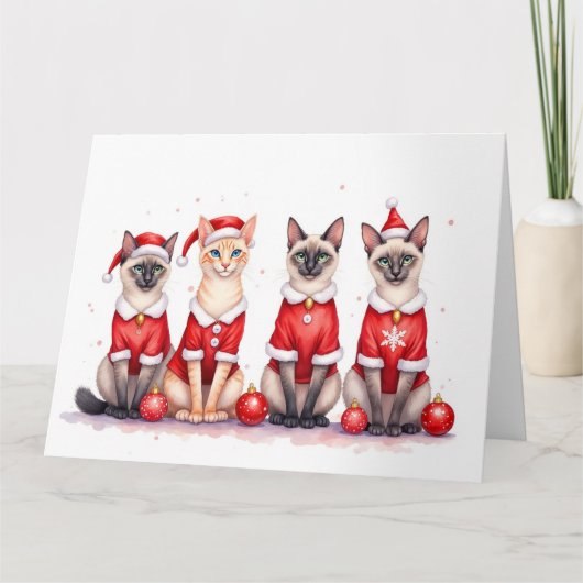 Siamese Cat Christmas Dress Santa Hat Kaart (Voorkant)