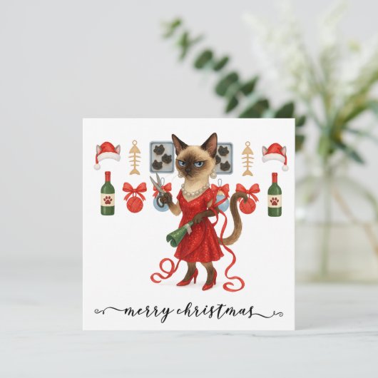 Siamese Cat Christmas Funny Glam Holiday Kaart (Staand voorkant)