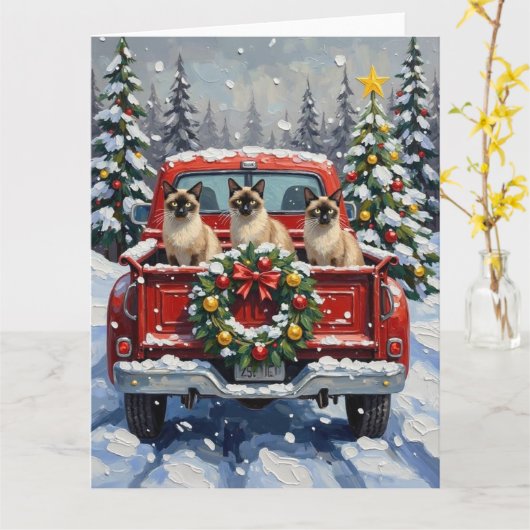 Siamese Cat Christmas Red Truck Holiday Kaart (Gele Bloem)
