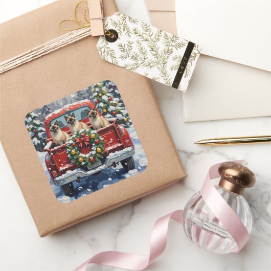 Siamese Cat Christmas Red Truck Holiday Vierkante Sticker (Geschenken)