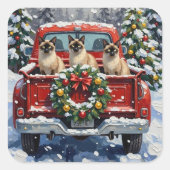 Siamese Cat Christmas Red Truck Holiday Vierkante Sticker (Voorkant)