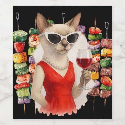 Siamese Cat Drinking Wine at Barbecue Party  Wijn Etiket (Enkel label)