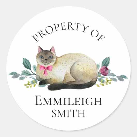 Siamese Cat Floral Property of Bookplate Ronde Sticker (Voorkant)